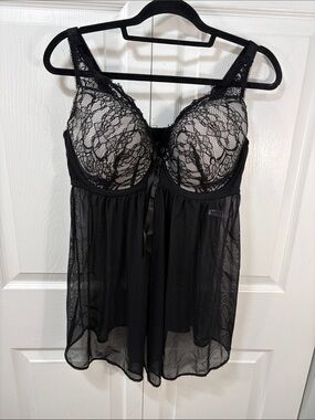 Voglo Lace-Trim Black Babydoll Chemise with Sheer Skirt